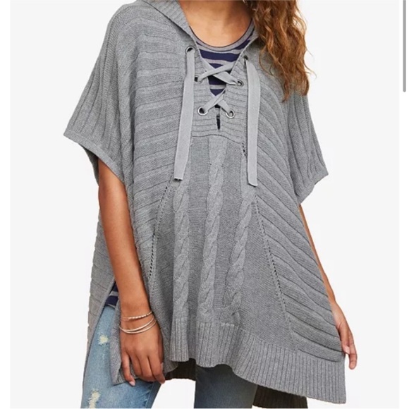 Motherhood Maternity Sweaters - Motherhood Maternity Gray Knit Lace-Up Poncho Sweater, Size S/M, Cozy Oversized